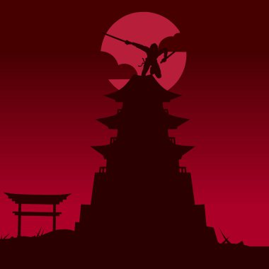 Samuray Japon kılıç şövalyesi ve Sakura çiçek ağacı vektör logosu renkli tasarım. Tişört, poster, giysi, giysi, giysi, rozet tasarımı için arka plan.