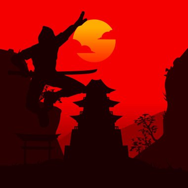 Samuray Japon kılıç şövalyesi ve Sakura çiçek ağacı vektör logosu renkli tasarım. Tişört, poster, giysi, giysi, giysi, rozet tasarımı için arka plan.