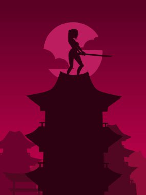 Samuray Japon kılıç şövalyesi ve Sakura çiçek ağacı vektör logosu renkli tasarım. Tişört, poster, giysi, giysi, giysi, rozet tasarımı için arka plan.