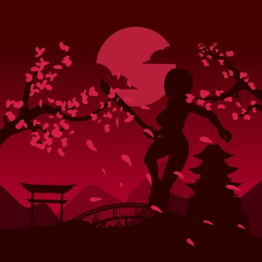 Samuray Japon kılıç şövalyesi ve Sakura çiçek ağacı vektör logosu renkli tasarım. Tişört, poster, giysi, giysi, giysi, rozet tasarımı için arka plan.