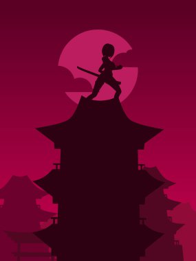 Samuray Japon kılıç şövalyesi ve Sakura çiçek ağacı vektör logosu renkli tasarım. Tişört, poster, giysi, giysi, giysi, rozet tasarımı için arka plan.