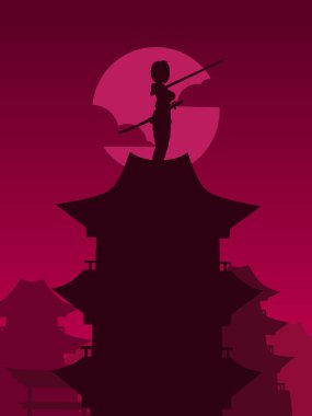 Samuray Japon kılıç şövalyesi ve Sakura çiçek ağacı vektör logosu renkli tasarım. Tişört, poster, giysi, giysi, giysi, rozet tasarımı için arka plan.