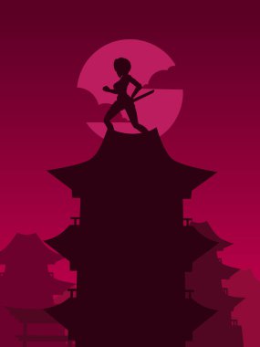 Samuray Japon kılıç şövalyesi ve Sakura çiçek ağacı vektör logosu renkli tasarım. Tişört, poster, giysi, giysi, giysi, rozet tasarımı için arka plan.