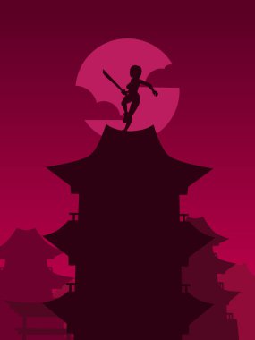 Samuray Japon kılıç şövalyesi ve Sakura çiçek ağacı vektör logosu renkli tasarım. Tişört, poster, giysi, giysi, giysi, rozet tasarımı için arka plan.