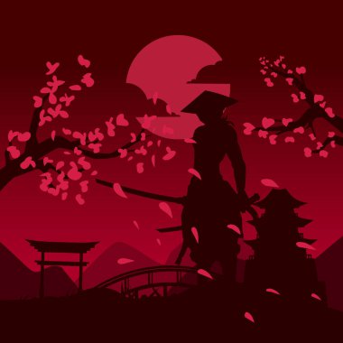 Samuray, Japon şövalye hattı logosu, parlak arka planlı renkli tasarım. Tişört, poster, giysi, giysi, giysi tasarımı