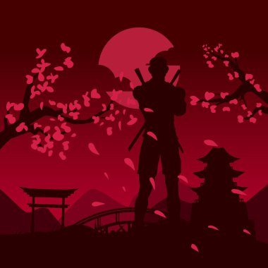 Samuray, Japon şövalye hattı logosu, parlak arka planlı renkli tasarım. Tişört, poster, giysi, giysi, giysi tasarımı