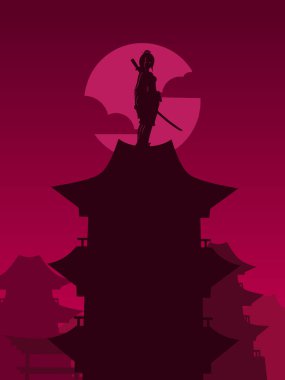 Samuray, Japon şövalye hattı logosu, parlak arka planlı renkli tasarım. Tişört, poster, giysi, giysi, giysi tasarımı