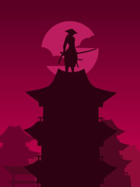 Samuray, Japon şövalye hattı logosu, parlak arka planlı renkli tasarım. Tişört, poster, giysi, giysi, giysi tasarımı