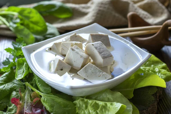 Producto Vegano Fresco Tofu Tofu Gris Soja Plato Marinado Con — Foto de Stock