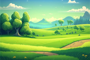 Ağaçlar, taşlar, yollar ve küçük çiçeklerle dolu bir orman manzarası ve açık bir gökyüzü.