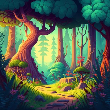 Ağaçlar, taşlar, yollar ve küçük çiçeklerle dolu bir orman manzarası ve açık bir gökyüzü.