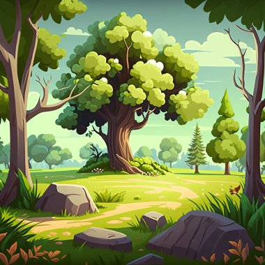 Ağaçlar, taşlar, yollar ve küçük çiçeklerle dolu bir orman manzarası ve açık bir gökyüzü.