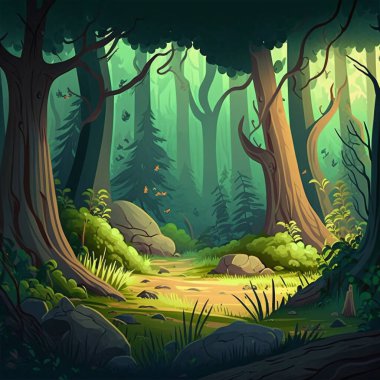 Ağaçlar, taşlar, yollar ve küçük çiçeklerle dolu bir orman manzarası ve açık bir gökyüzü.