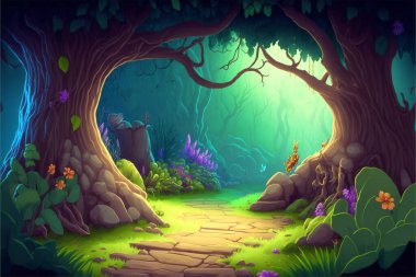 Ağaçlar, taşlar, yollar ve küçük çiçeklerle dolu bir orman manzarası ve açık bir gökyüzü.