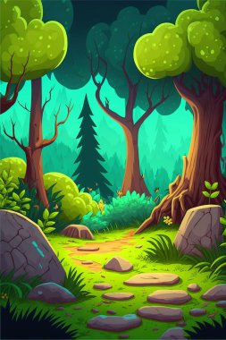 Ağaçlar, taşlar, yollar ve küçük çiçeklerle dolu bir orman manzarası ve açık bir gökyüzü.