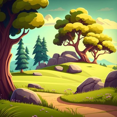 Ağaçlar, taşlar, yollar ve küçük çiçeklerle dolu bir orman manzarası ve açık bir gökyüzü.