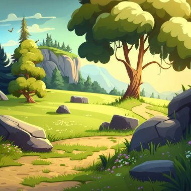 Ağaçlar, taşlar, yollar ve küçük çiçeklerle dolu bir orman manzarası ve açık bir gökyüzü.