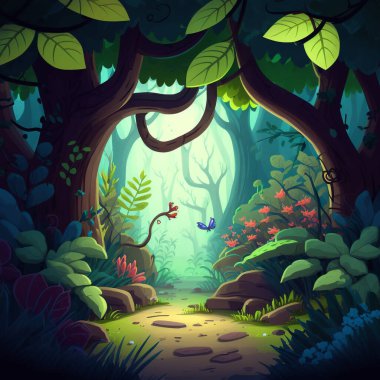 Ağaçlar, taşlar, yollar ve küçük çiçeklerle dolu bir orman manzarası ve açık bir gökyüzü.