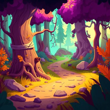 Ağaçlar, taşlar, yollar ve küçük çiçeklerle dolu bir orman manzarası ve açık bir gökyüzü.