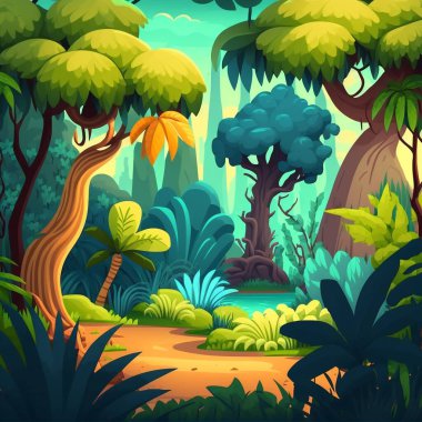 Ağaçlar, taşlar, yollar ve küçük çiçeklerle dolu bir orman manzarası ve açık bir gökyüzü.