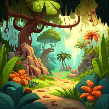 Ağaçlar, taşlar, yollar ve küçük çiçeklerle dolu bir orman manzarası ve açık bir gökyüzü.