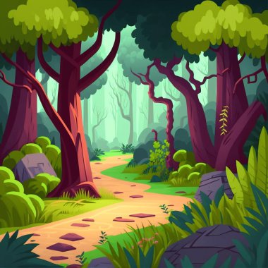 Ağaçlar, taşlar, yollar ve küçük çiçeklerle dolu bir orman manzarası ve açık bir gökyüzü.