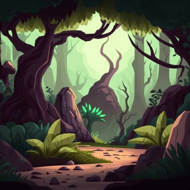 Ağaçlar, taşlar, yollar ve küçük çiçeklerle dolu bir orman manzarası ve açık bir gökyüzü.