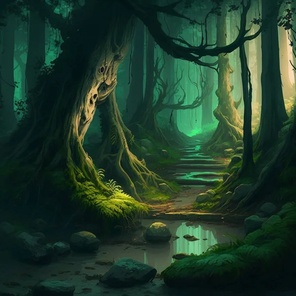 Пейзаж Леса Деревьями Камнями Дорогой Маленькими Цветами Ясным Небом — стоковое фото