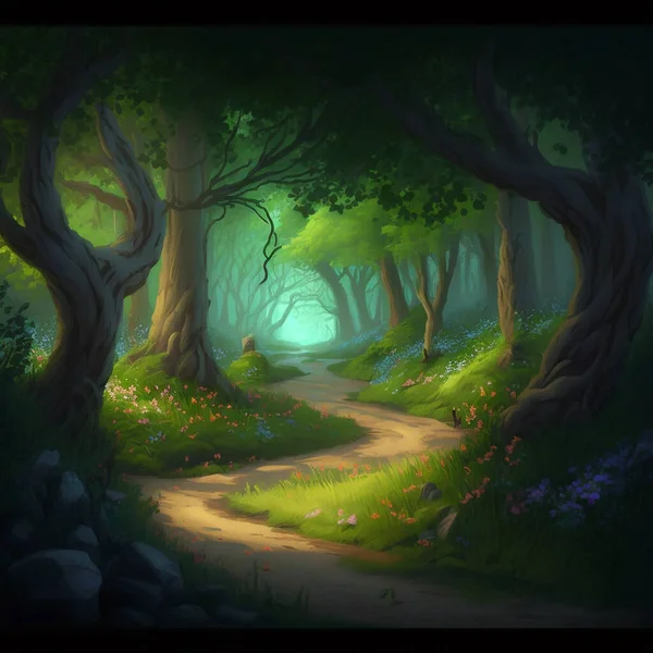 Krajobraz Lasu Drzewami Kamieniami Drogą Małymi Kwiatami Czystym Niebem — Zdjęcie stockowe