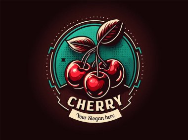 Meyve dükkanı ve meyve çiftliği için vişne aromalı antika logo çizimi