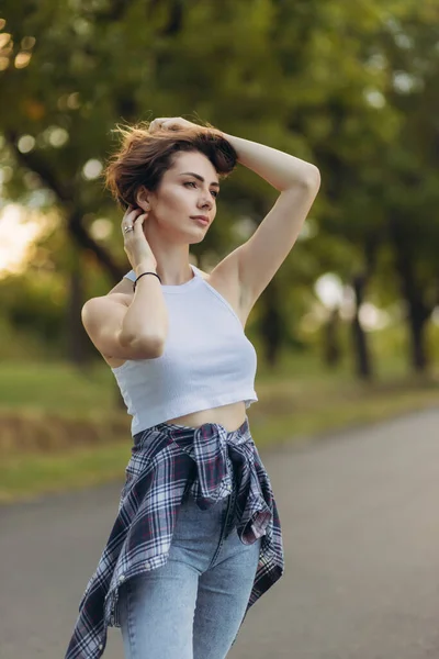 stock image portrait of a beautiful girl on the road