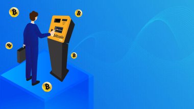 Bitcoin ATM illüstrasyon tasarımı. Modern bir Bitcoin ATM 'nin izometrik vektörü, nakit para dağıtıcısı ve bitcoin alıp satan bir iş adamı. Boş yazma alanı, kopyalama alanı, arkaplan.