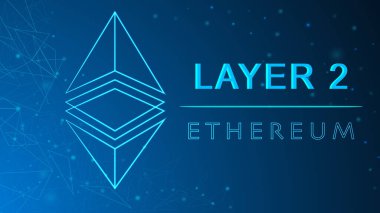 ETH, Ethereum Katmanı 2 engelleme teknolojisi çözümleri illüstrasyon fikri. Özet arka planda Ethereum logosu tasarımı, afiş, web sitesi, iniş sayfası, reklamlar için Katman 2 konsepti.