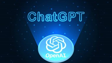 ChatGPT OpenAI tarafından geliştirildi. Hologramda OpenAI logosu ve siber uzay arka planında ChatGPT neon metni. Pankart, web sitesi, iniş sayfası, reklam, broşür için ChatGPT illüstrasyonu.