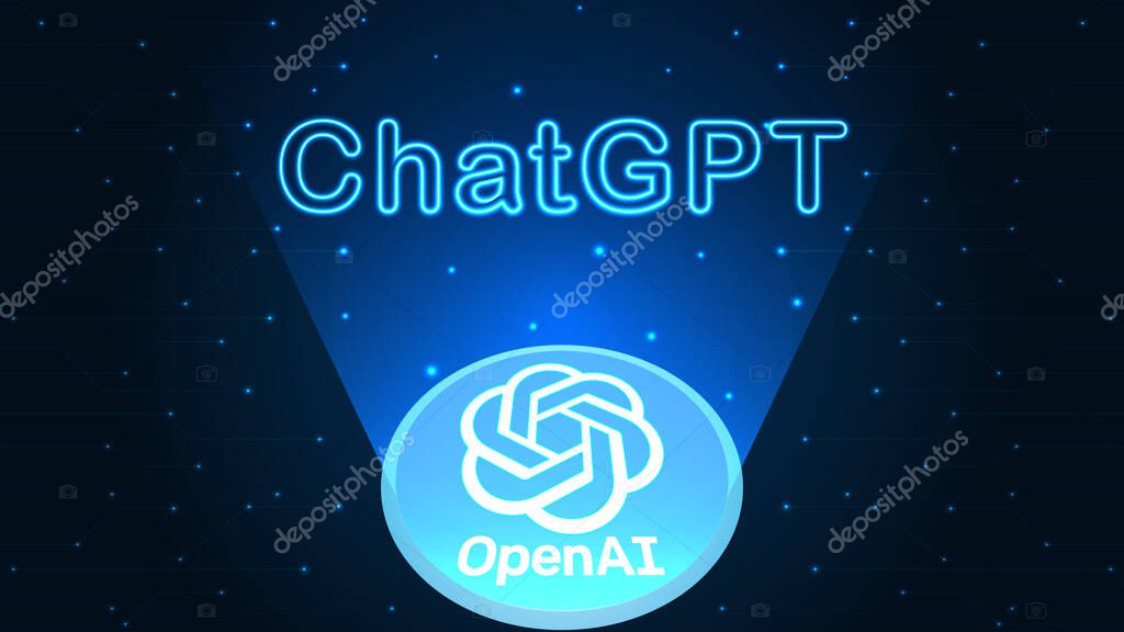 ChatGPT developed by OpenAI. OpenAI logo in hologram and ChatGPT neon text on cyberspace background. ChatGPT illustration for banner, website, landing page, ads, flyer template.