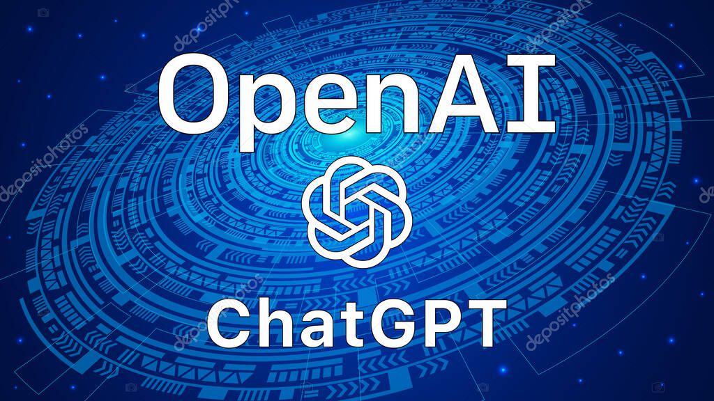 ChatGPT developed by OpenAI. OpenAI logo and ChatGPT text on cyberspace background. ChatGPT illustration for banner, website, landing page, ads, flyer template.