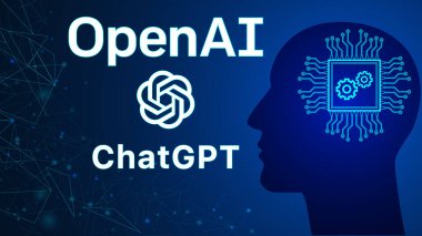ChatGPT OpenAI tarafından geliştirildi. OpenAI logosu, ChatGPT metin, çip veya işlemci insan kafasının içinde. Pankart, web sitesi, iniş sayfası, reklam, broşür için ChatGPT illüstrasyonu.