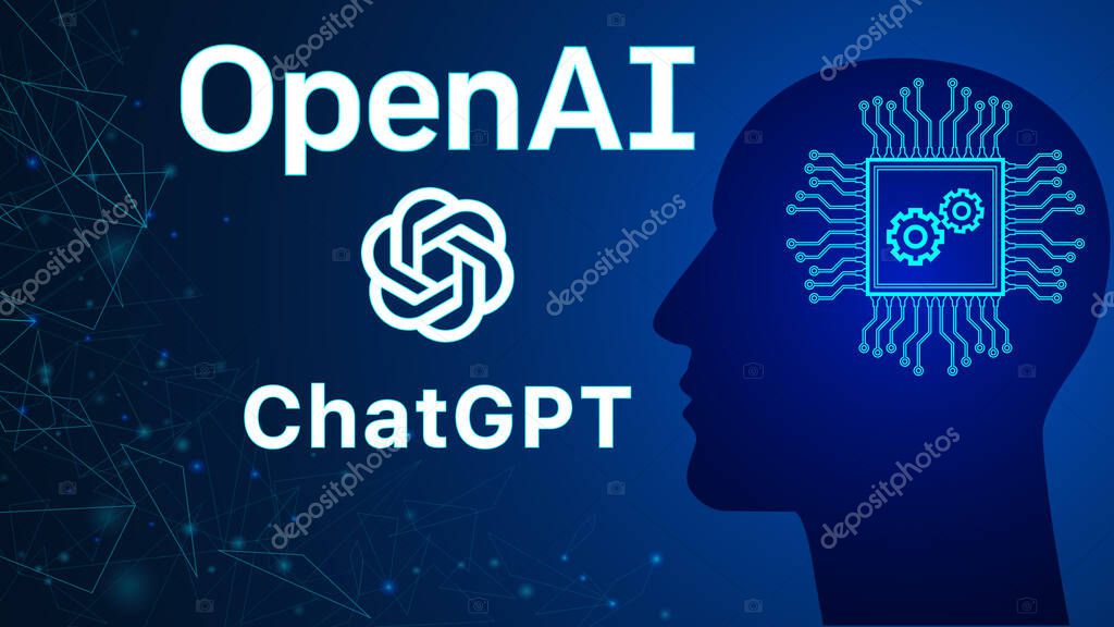 ChatGPT developed by OpenAI. OpenAI logo, ChatGPT text and chip or processor inside the human head. ChatGPT illustration for banner, website, landing page, ads, flyer template.