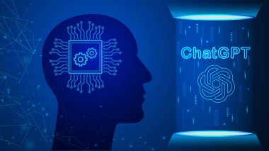 ChatGPT OpenAI tarafından geliştirildi. Hologramda OpenAI logosu ve siber uzay arka planında ChatGPT neon metni. Pankart, web sitesi, iniş sayfası, reklam, broşür için ChatGPT illüstrasyonu.