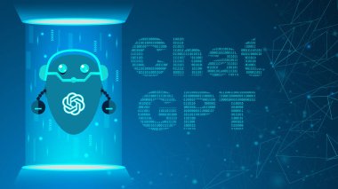 ChatGPT developed by OpenAI. OpenAI logo and ChatGPT text on cyberspace background. ChatGPT illustration for banner, website, landing page, ads, flyer template. clipart