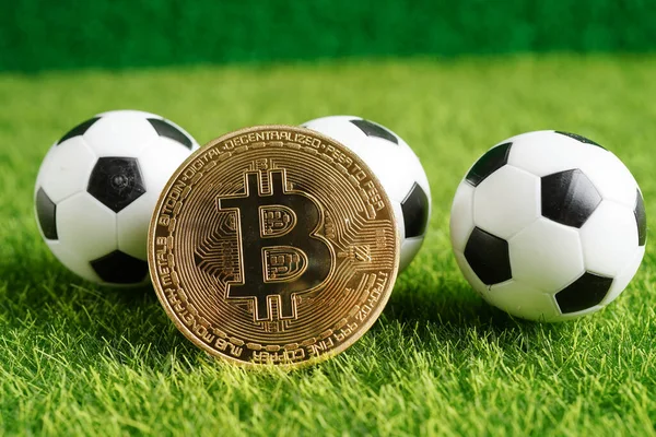 stock image Gold bitcoin with soccer ball or football, cryptocurrency used in online sports betting.