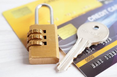 Credit card with password key lock, security finance business concept.