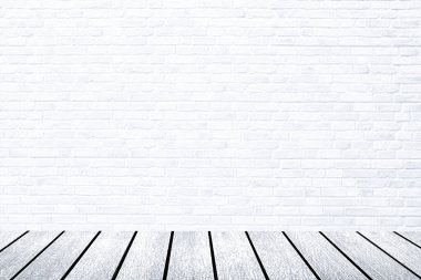 Tuğla duvar ve ahşap zemin, antika eski grunge beyaz doku arka plan.