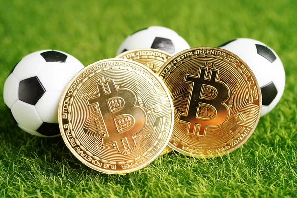 stock image Gold bitcoin with soccer ball or football, cryptocurrency used in online sports betting.