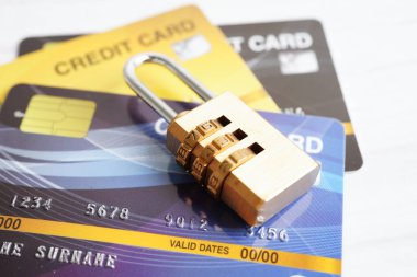 Credit card with password key lock, security finance business concept.