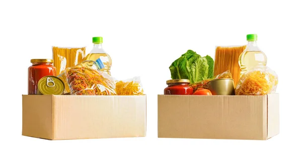 Denrées Alimentaires Dans Une Boîte Dons Isolée Sur Fond Blanc — Photo