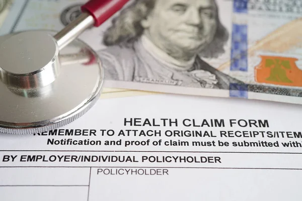 Health Claim Form Stethoscope Dollar Banknotes Insurance Accident Medical Concept — ストック写真