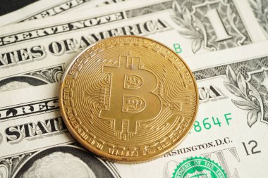ABD doları üzerindeki altın bitcoin ticari ve ticari para, dijital para, sanal kripto para, engelleme teknolojisi için para banknotları.