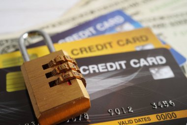 Credit card with password key lock, security finance business concept.