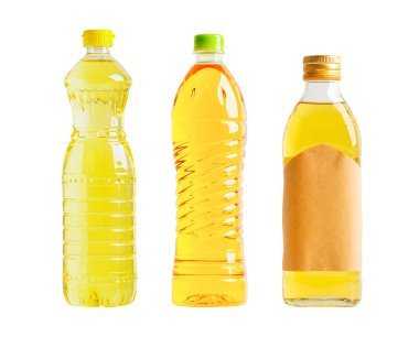 Vegetable and olive oil glass bottle isolated on white background with clipping path, organic healthy food for cooking.